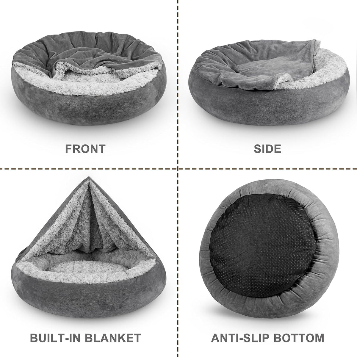 JOEJOY Small Dog Bed Cat Bed with Hooded Blanket, Cozy Cuddler Luxury Puppy Pet Bed, Donut Round Calming Anti-Anxiety Dog Burrow Cave Bed - Anti-Slip Bottom and Machine Washable 23 inch