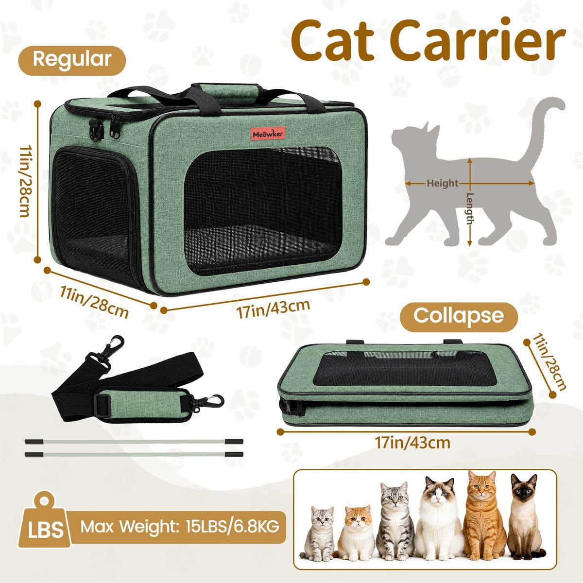 Soft-Sided Cat Dog Pet Carrier Airline Approved, Medium Green