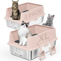 2PACK Stainless Steel Cat Litter Box with High Sides Lid, XL Litter Box for Big Multiple Cats, Extra Large Metal Kitty Litter Boxes with Anti-Leakage Enclosure, Non-Stick,Odorless,Scoop Included