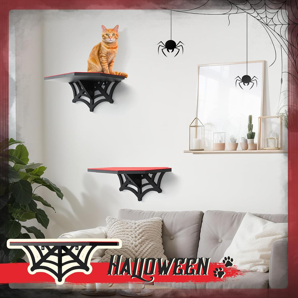 Gemscream Gothic Halloween Wall Mounted Cat Shelf, Coffin Spider Web Design