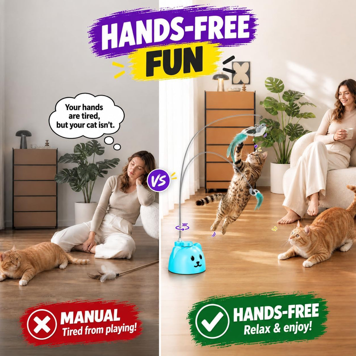 Interactive Cat Toys for Indoor Cats, 360° Automatic Spin Flying Bird Wand