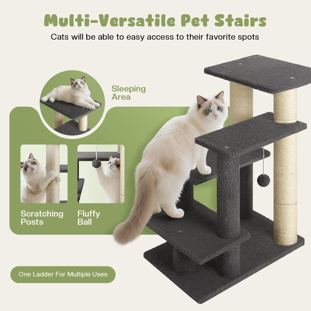 4-Step Pet Steps for Cats/Dogs, Cat Stairs with Sisal Scratching Post, Cat Steps for Older Cats with Enlarge Perch, Pet Stairs for High Bed and Couch, Gray