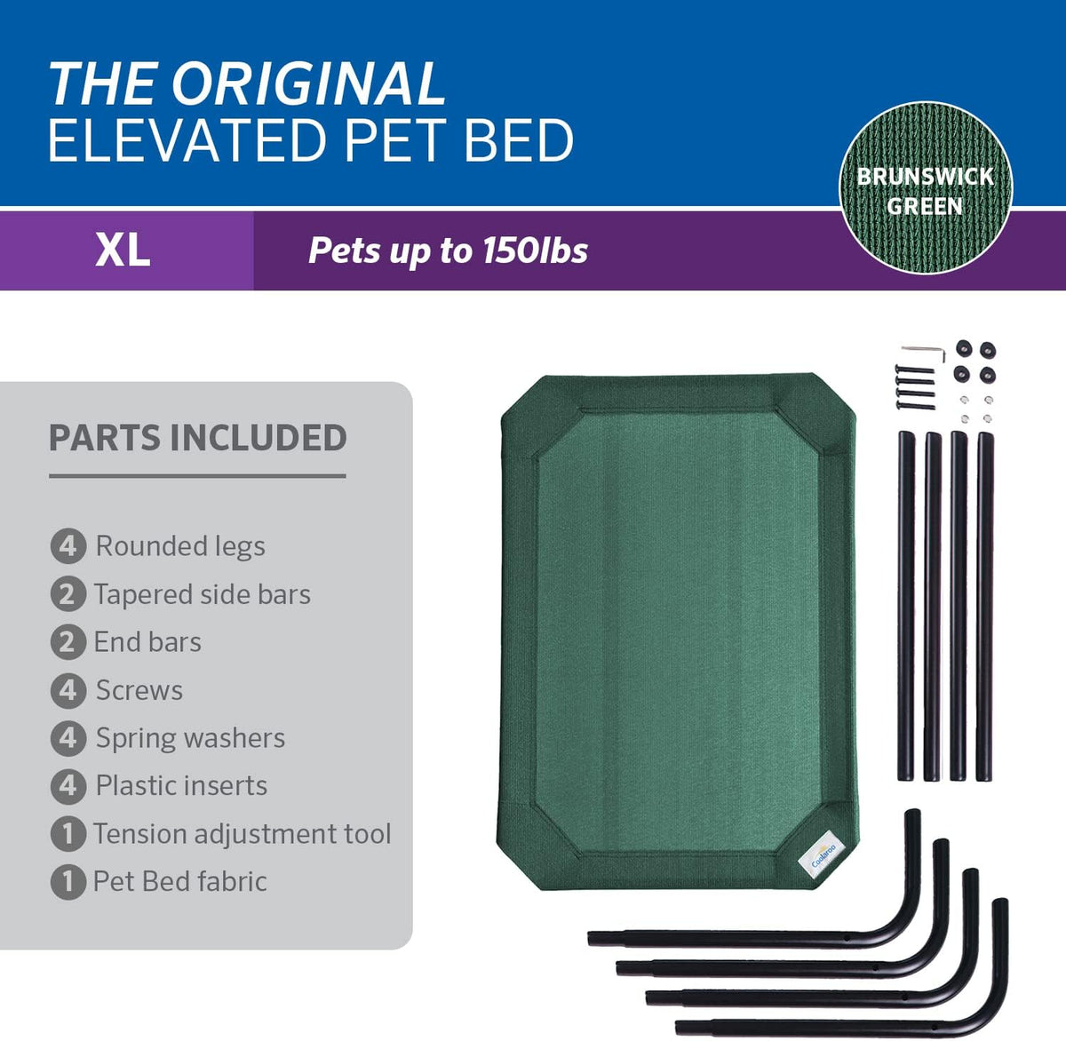 Coolaroo Original Elevated Dog Bed - Breathable Off-The-Ground Pet Bed with Cooling Fabric, Joint Relief & Moisture-Resistant Fabric, 100% Recyclable, Easy Clean, Brunswick Green, Extra Large
