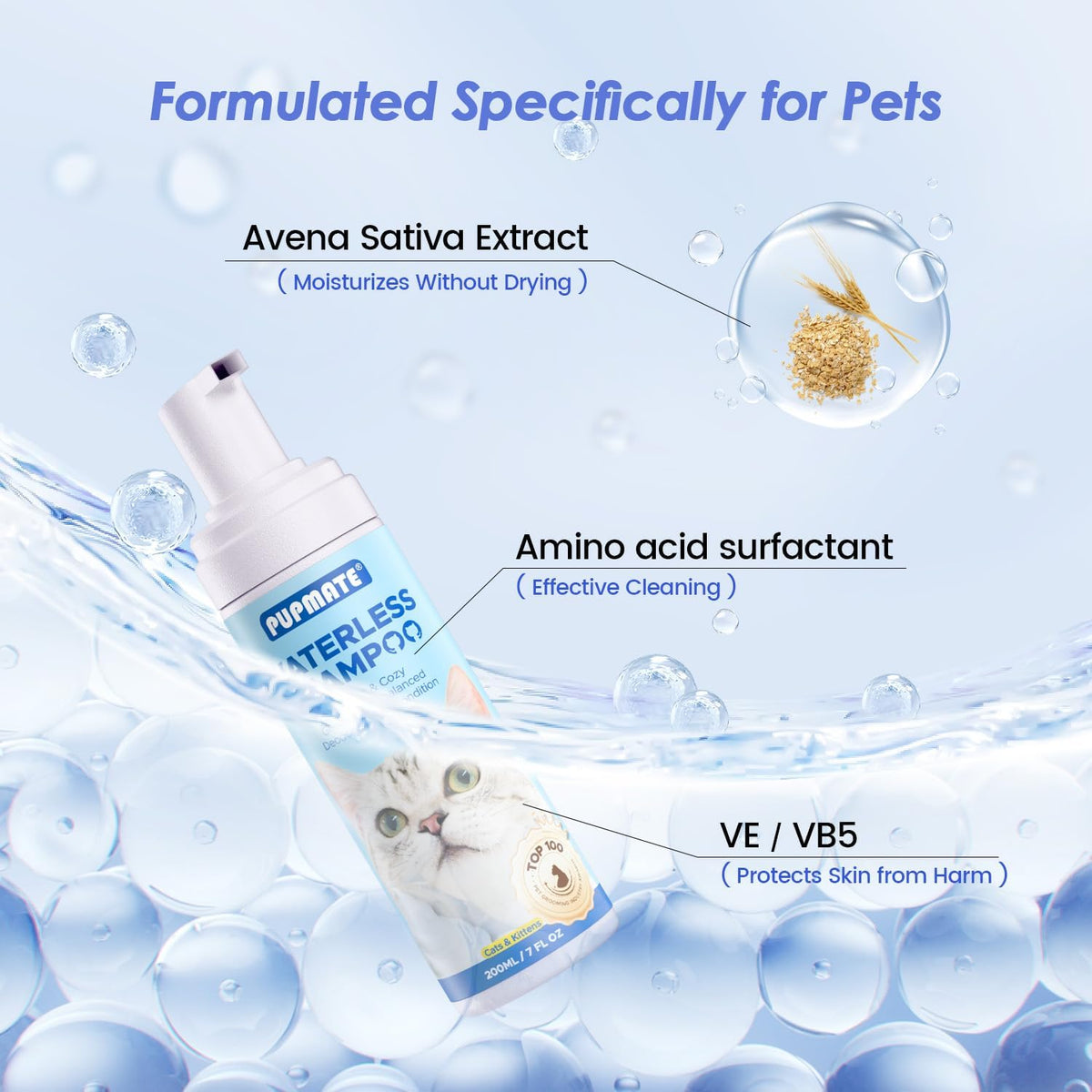 Cat Waterless Shampoo - No Rinse Formula for Quick Clean Between Baths, Hypoallergenic & Detangling, Reduce Itchy Skin Shedding & Odor Control,Vet-Recommended for Kittens/Senior Cats