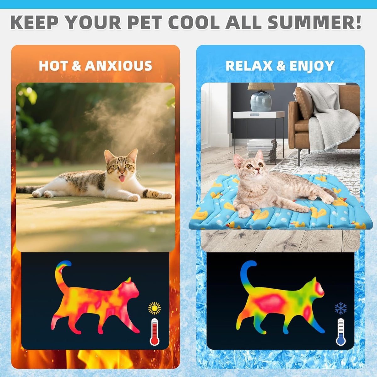 KOOLTAIL Dog Cooling Mat, Upgraded Two Sided Cooling Pad for Dogs Cats Puppy, Soft Pet Sleeping Blanket Keep Cool in Summer with Cute Duck Pattern, Washable Waterproof for Crate Sofa Bed, Blue M