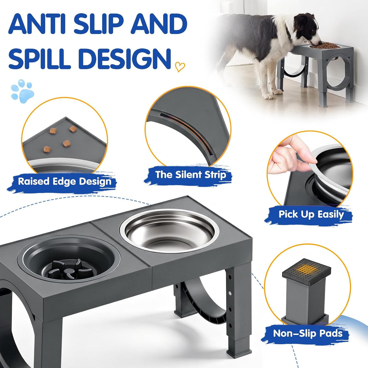 XIAZ Elevated Dog Bowls Large Breed Raised Dogs Bowl Stand Large/Medium Sized Dog Slow Feeder Dogs Bowls Food Water Stands 5 Heights Adjustable 9/11/12/14in Pet Feeder Dish Station