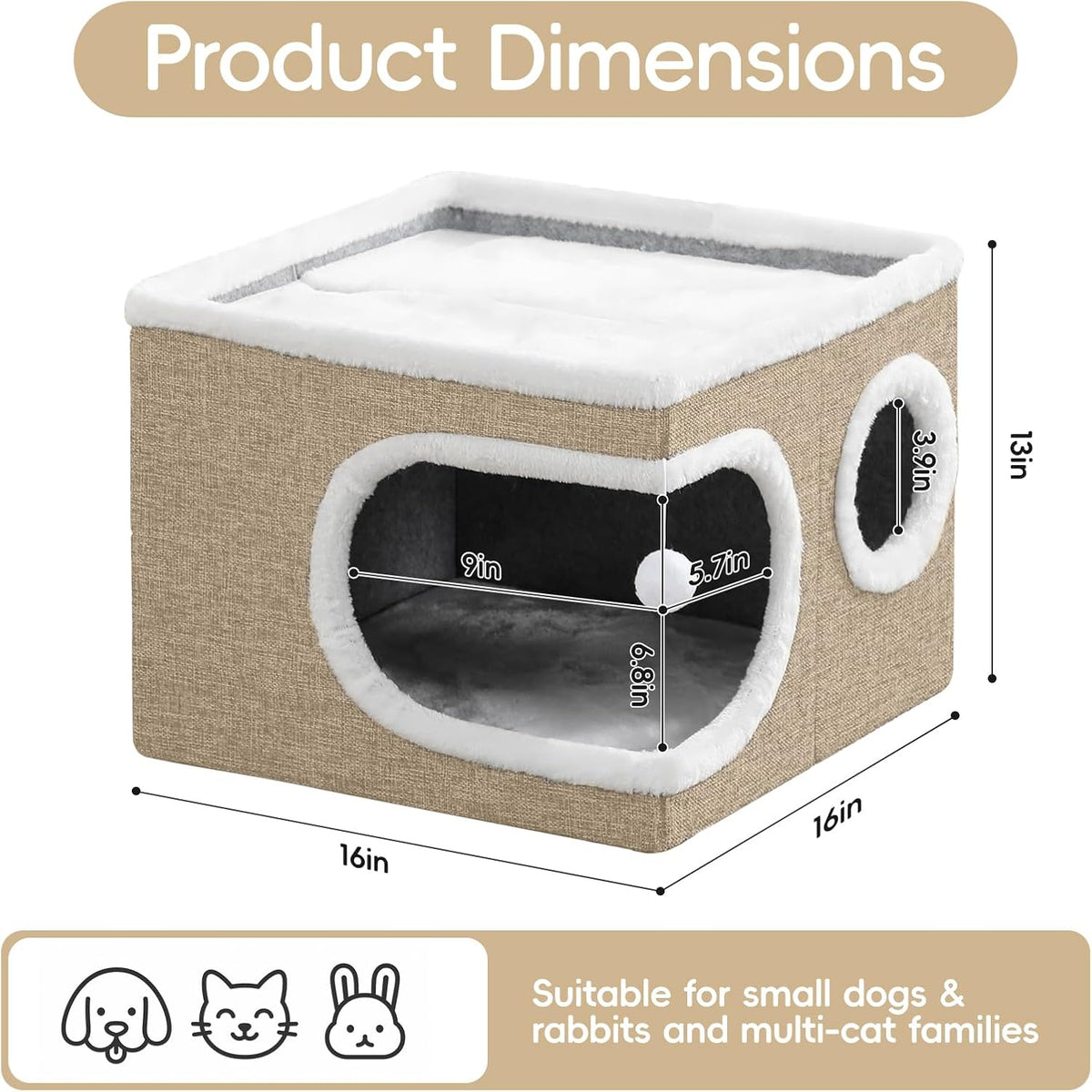 Cat Houses for Indoor Cats, Large Covered Cat Bed Cave,Khaki‌,16in