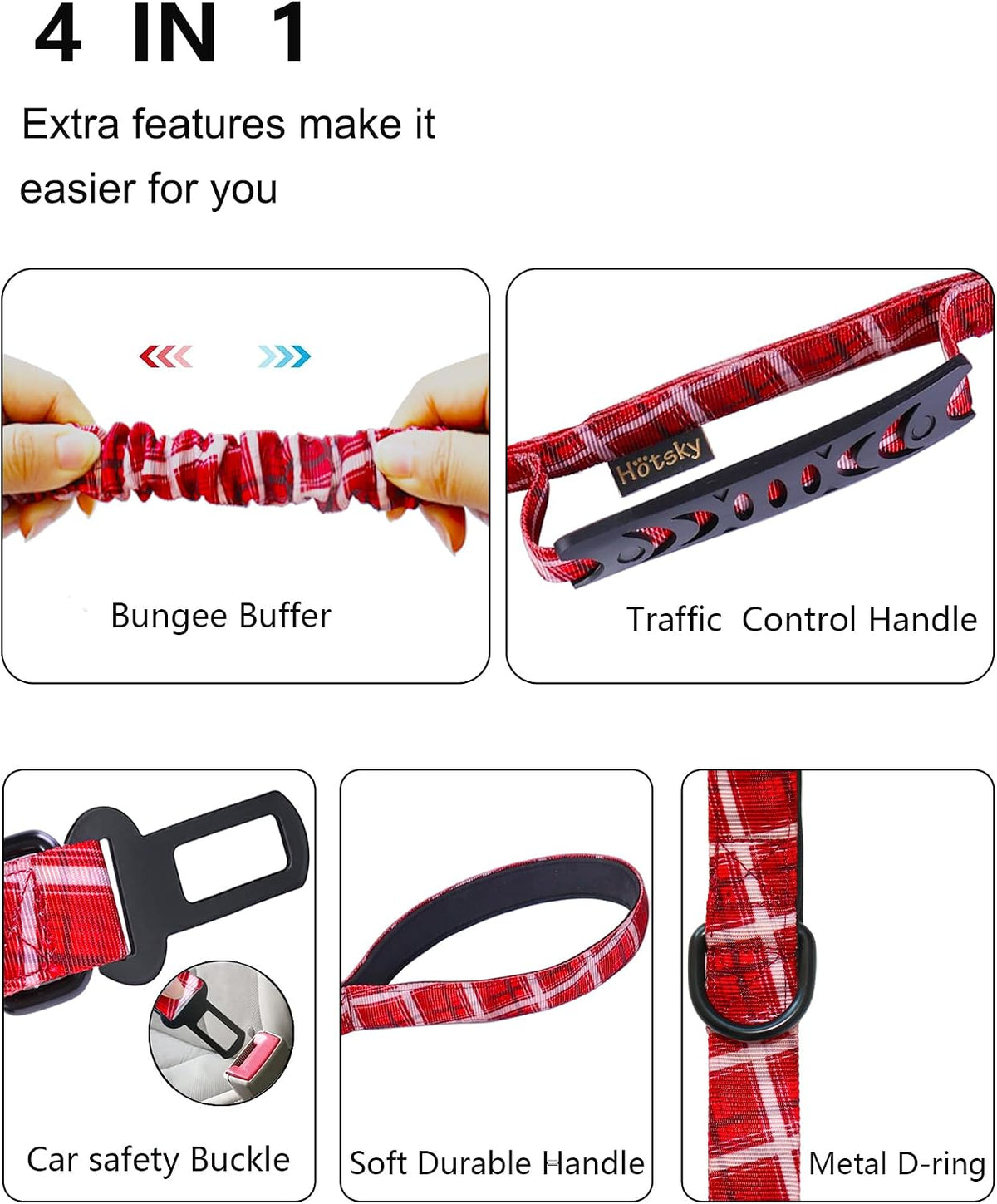 Hotsky Tactical Bungee Shock Absorbing No Pull Dog Leash,Red Plaid,4-6FT