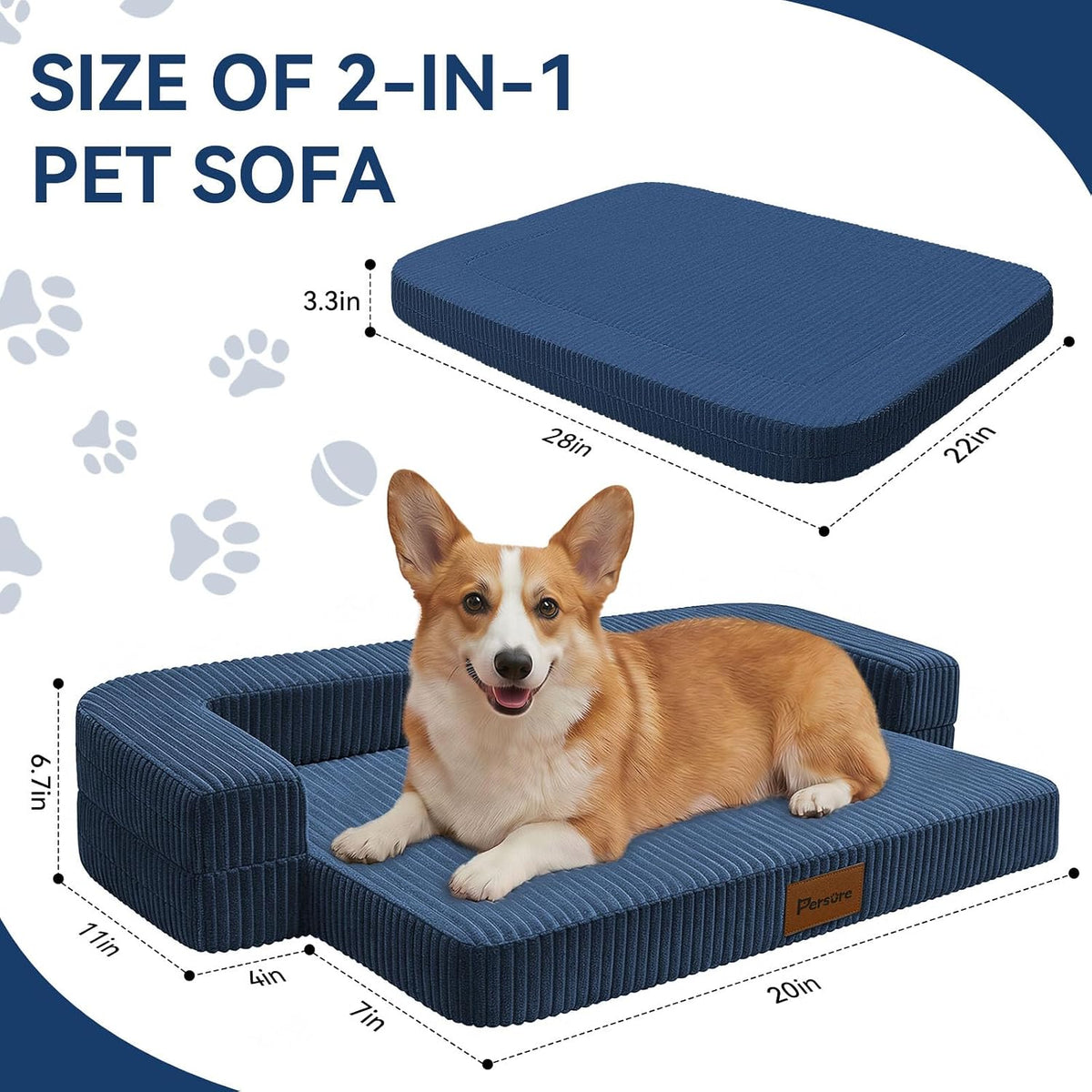 Persure 2-in-1 Dog Sofa Bed, Orthopedic Memory Foam for Medium Large Dog