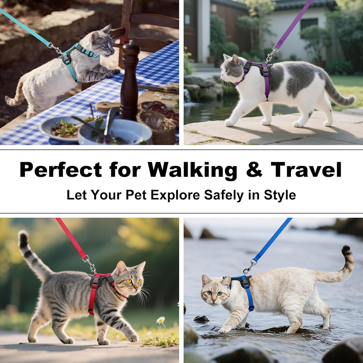 Plutus Pet Adjustable Cat Harness and Leash Set, with Leather Trim