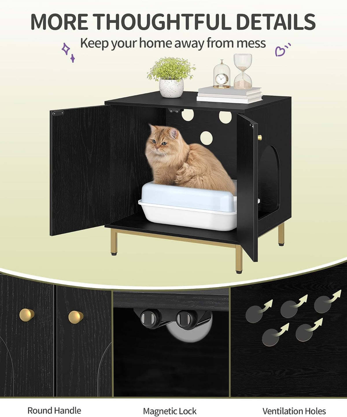 Hzuaneri Cat Litter Box Enclosure, Hidden Litter Box Furniture, Sisal Mat | Wooden Indoor Cat Cabinet, Modern Cat Washroom, Side End Table, for Living Room, Bedroom, Black CB81204G