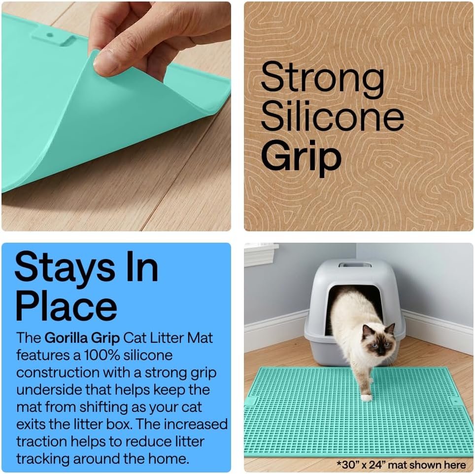 GORILLA GRIP Cat Litter Mat, Dual Layer Silicone Tray, 24x15, Turquoise