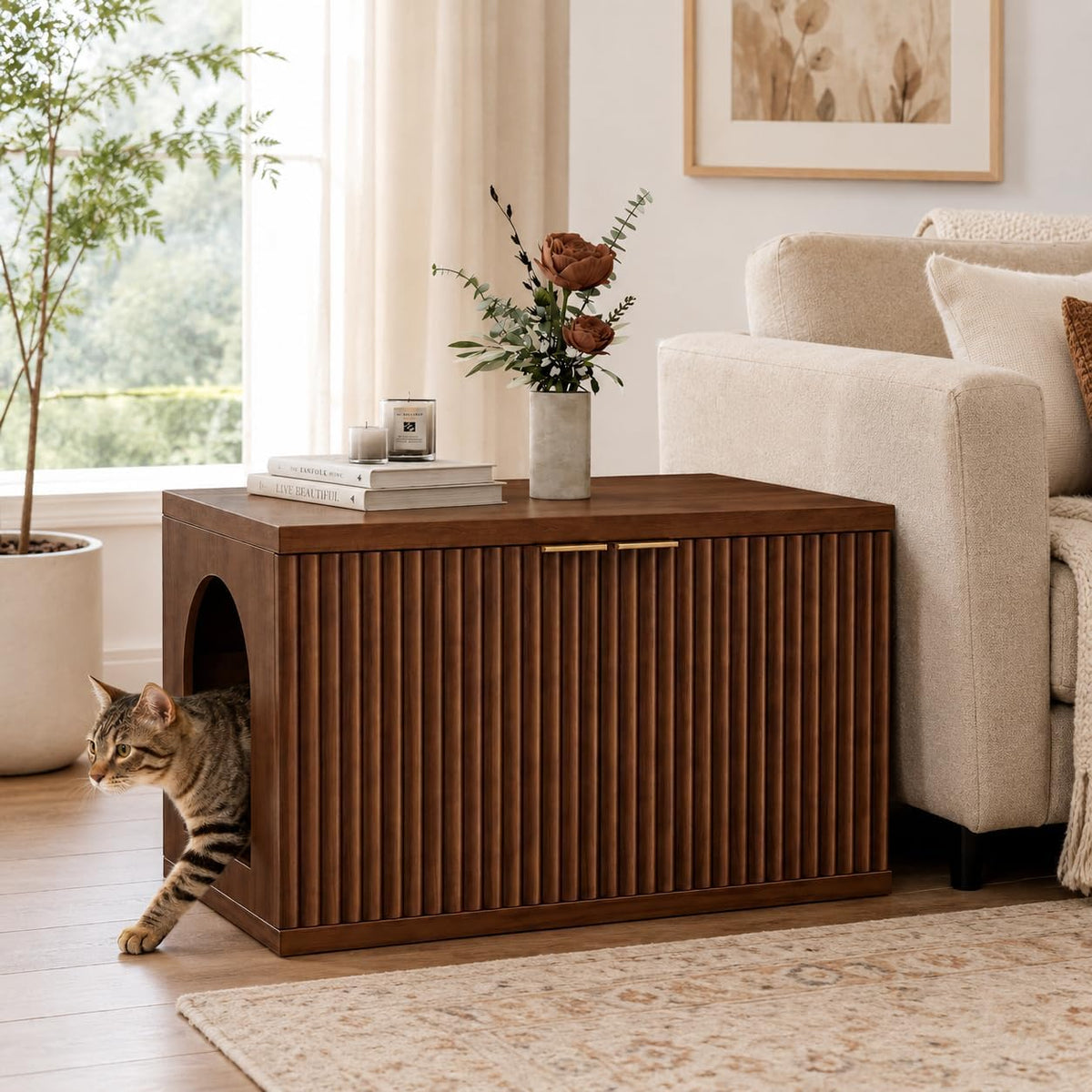 Homhedy Cat Litter Box Enclosure,Modern Fluted Accent,Reddish Brown