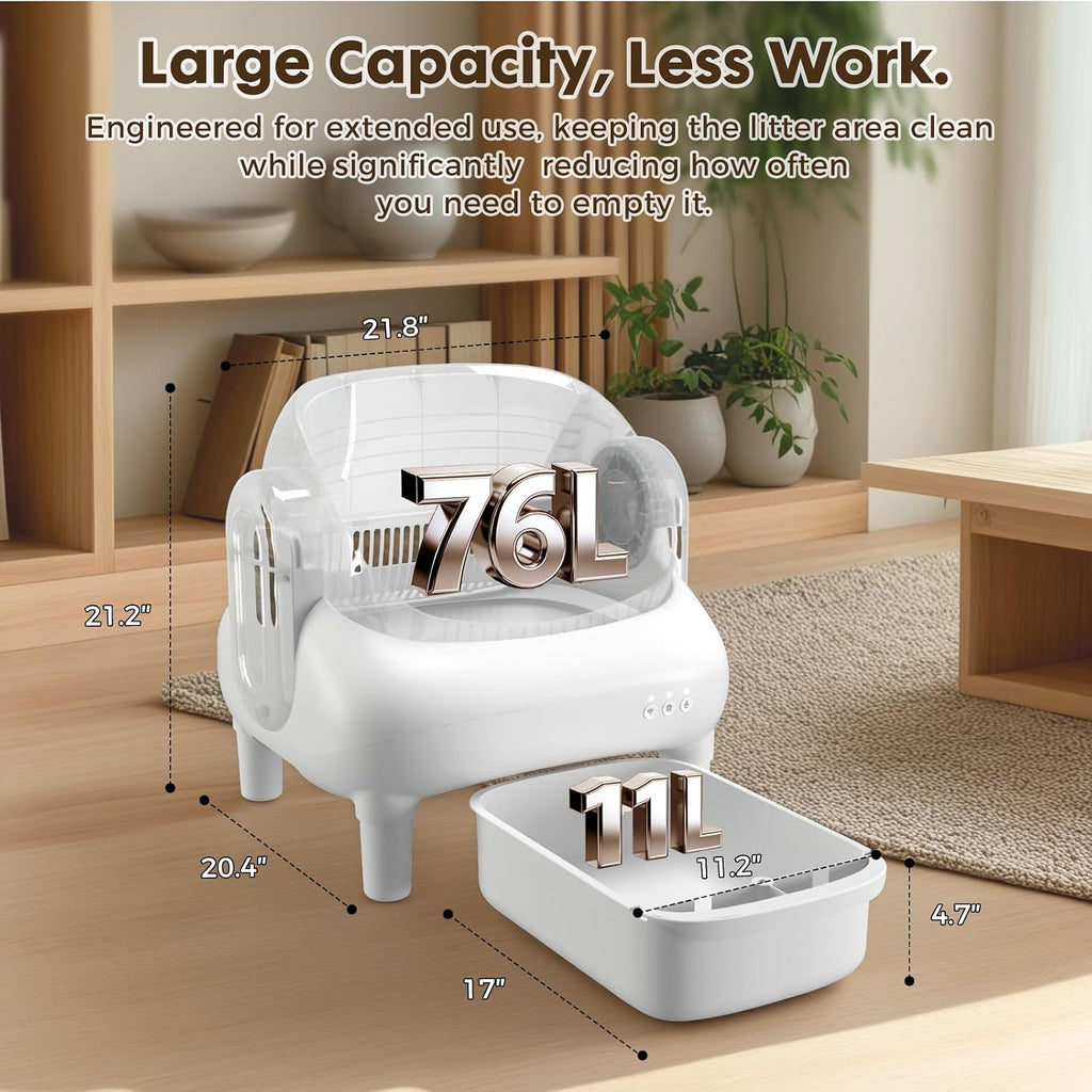 GTPLAYER Smart Cat Litter Box, Open-Top Self Cleaning Cat Litter Box with App Control, Safety Sensors, Large Capacity Waste Bin, Easy Maintenance, Automatic Litter Box for Multi-Cat Homes, White