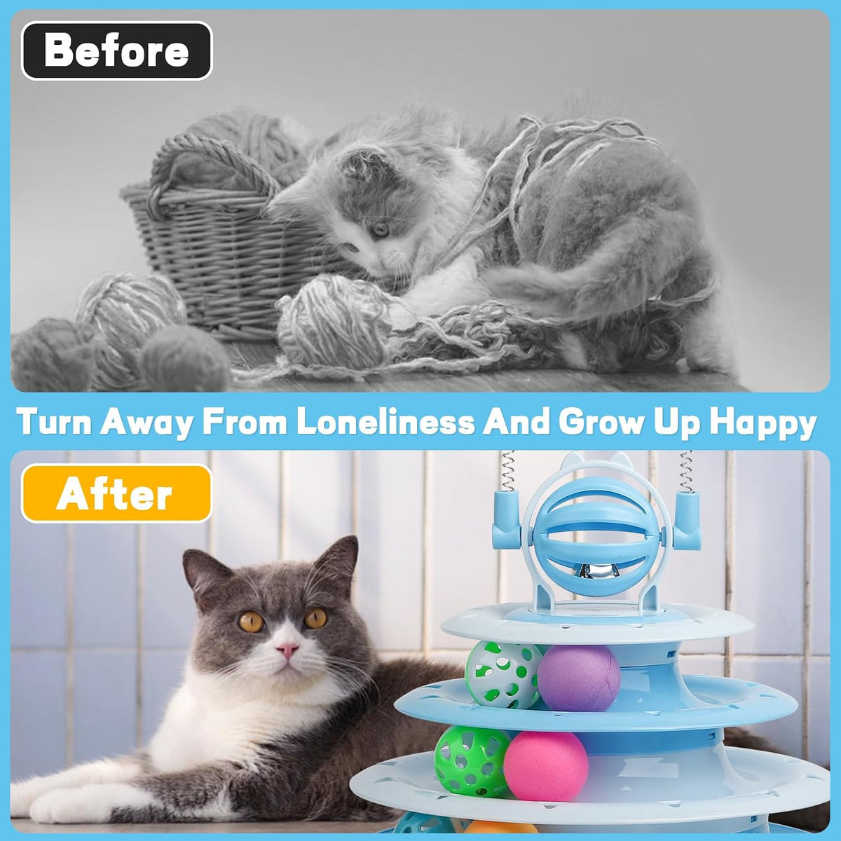 Goosheep Interactive Cat Toys Kitten Puzzle Ball with 2 Cat Teasers (Blue)