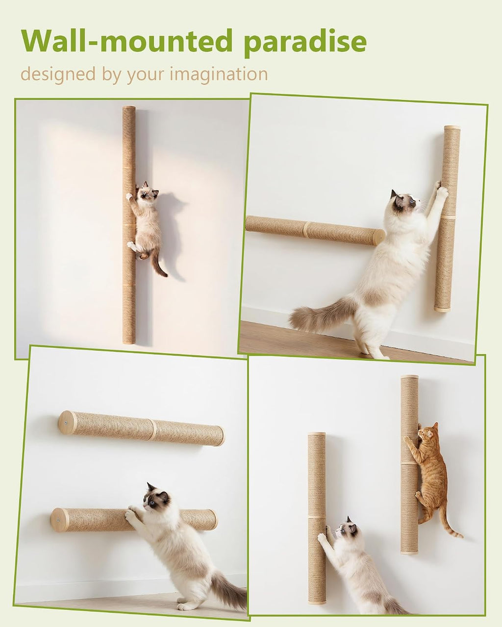67" Cat Scratching Post Wall-Mounted for Indoor Cats(Wooden-2pc)