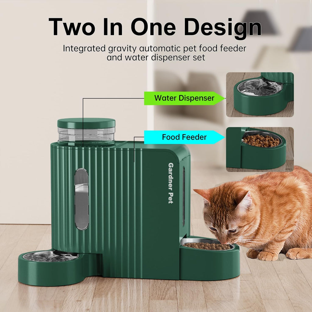 Gravity Automatic Cat Feeder, Water & Food Dispenser Set, Stainless Bowls