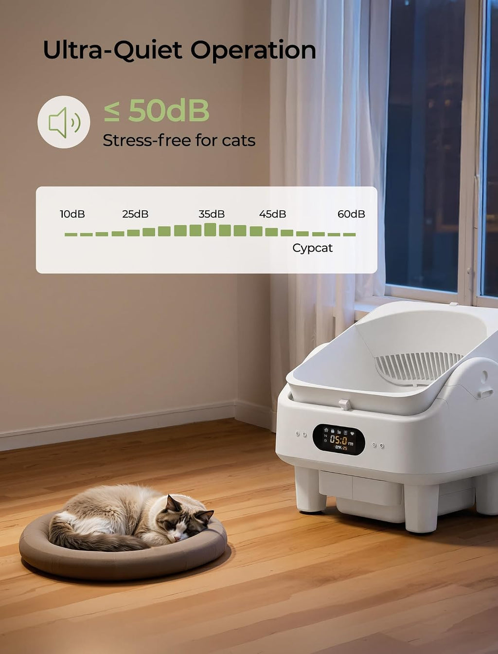 Open Top Self Cleaning Litter Box, Automatic Cat Litter Box for Multiple Large Cats with APP Control, 10 Safety Sensors, 6" LED Display, Quiet Odor Control, Trash Bags,Cat Stair, Litter Mat