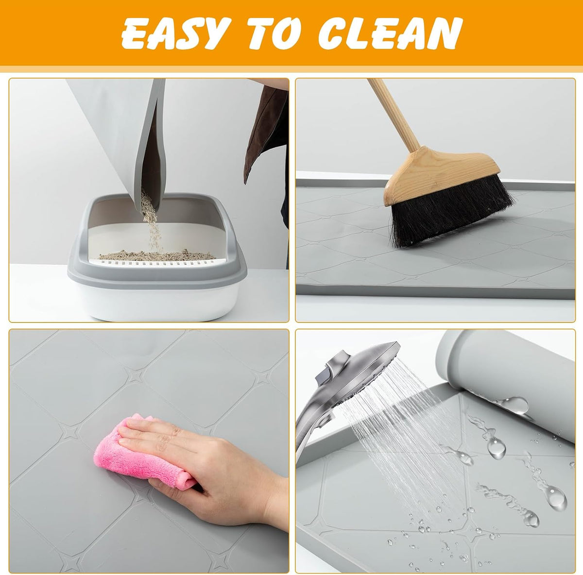 Large Cat Litter Mat 40x22 in, Waterproof Silicone, Gray | Extra large for litter box or feeding area, raised edges, silicone easy rinse-clean surface