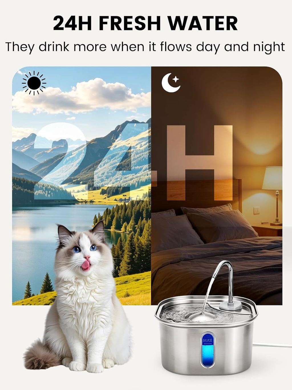 Cat Water Fountain Stainless Steel for Cats Indoor 2.5L 85oz by BPA-free SUS304, Effective 6-Layer Filter Cat Fountain for Drinking 20dB Ultra Quiet Metal Pet Water Fountain (Fountain108oz+4Filters+Mat)