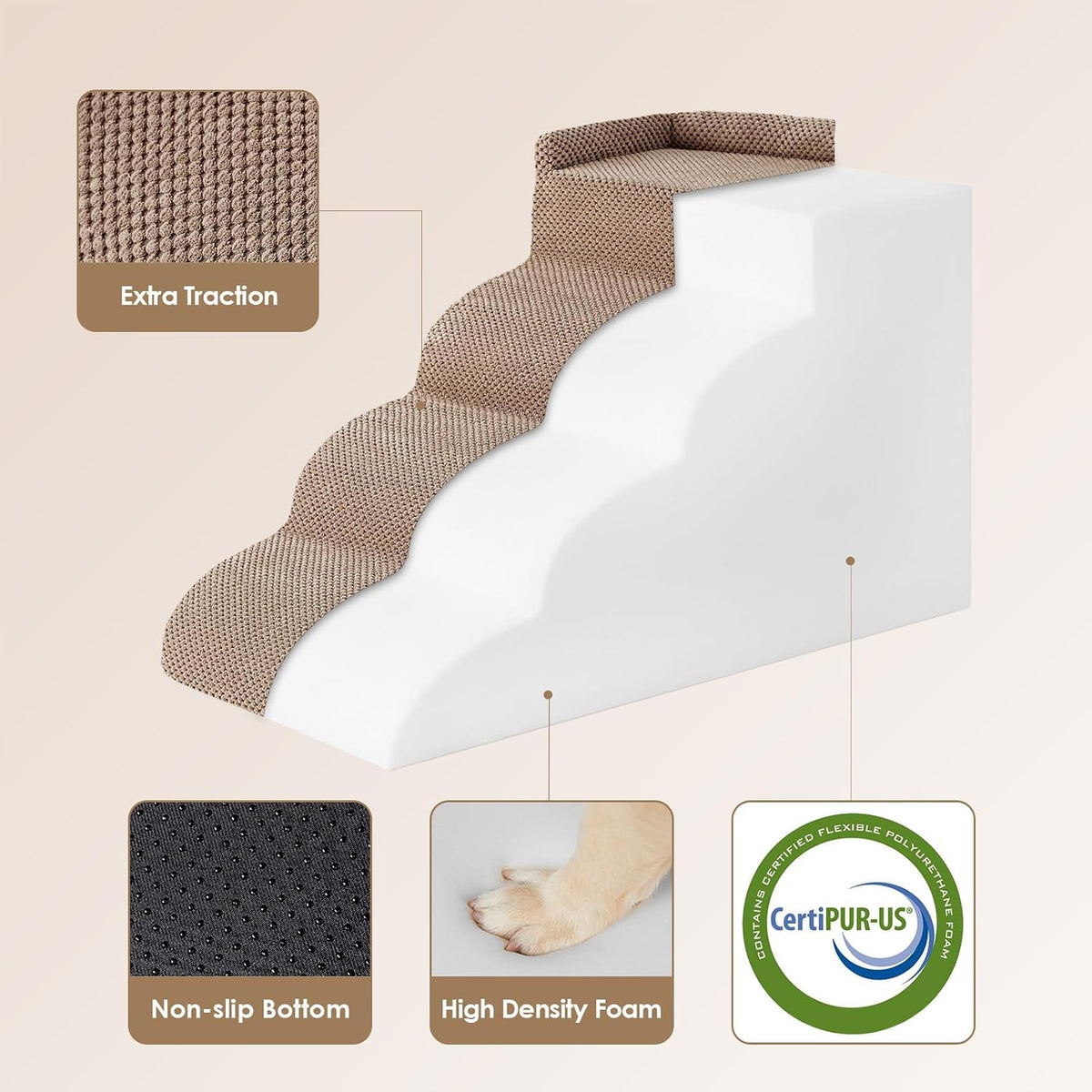 EHEYCIGA 5-Step Curved Dog Stairs for High Beds 20.7" H, Camel