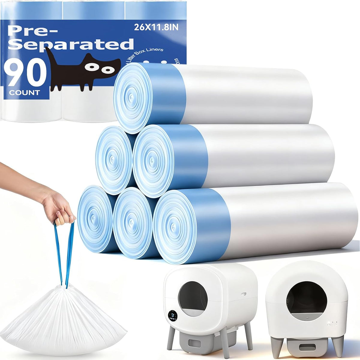 90 Count Cat Litter Box Bags for Automatic Cat Litter Box with Drawstring
