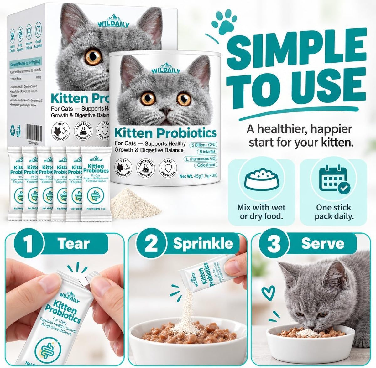 Kitten Probiotics with Colostrum, 5 Billion CFU Cat Probiotic Powder with B. infantis + L. rhamnosus GG, Digestive & Immune Support for Growing Kittens, 30 Daily Stick Pack
