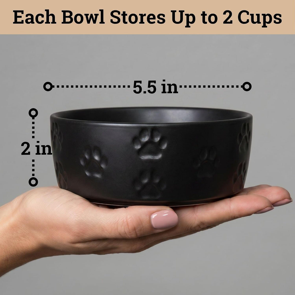 Ceramic Dog Bowl Set of 2 with Anti-Skid Base, 5.5"W x 2"H, 2 Cup Capacity