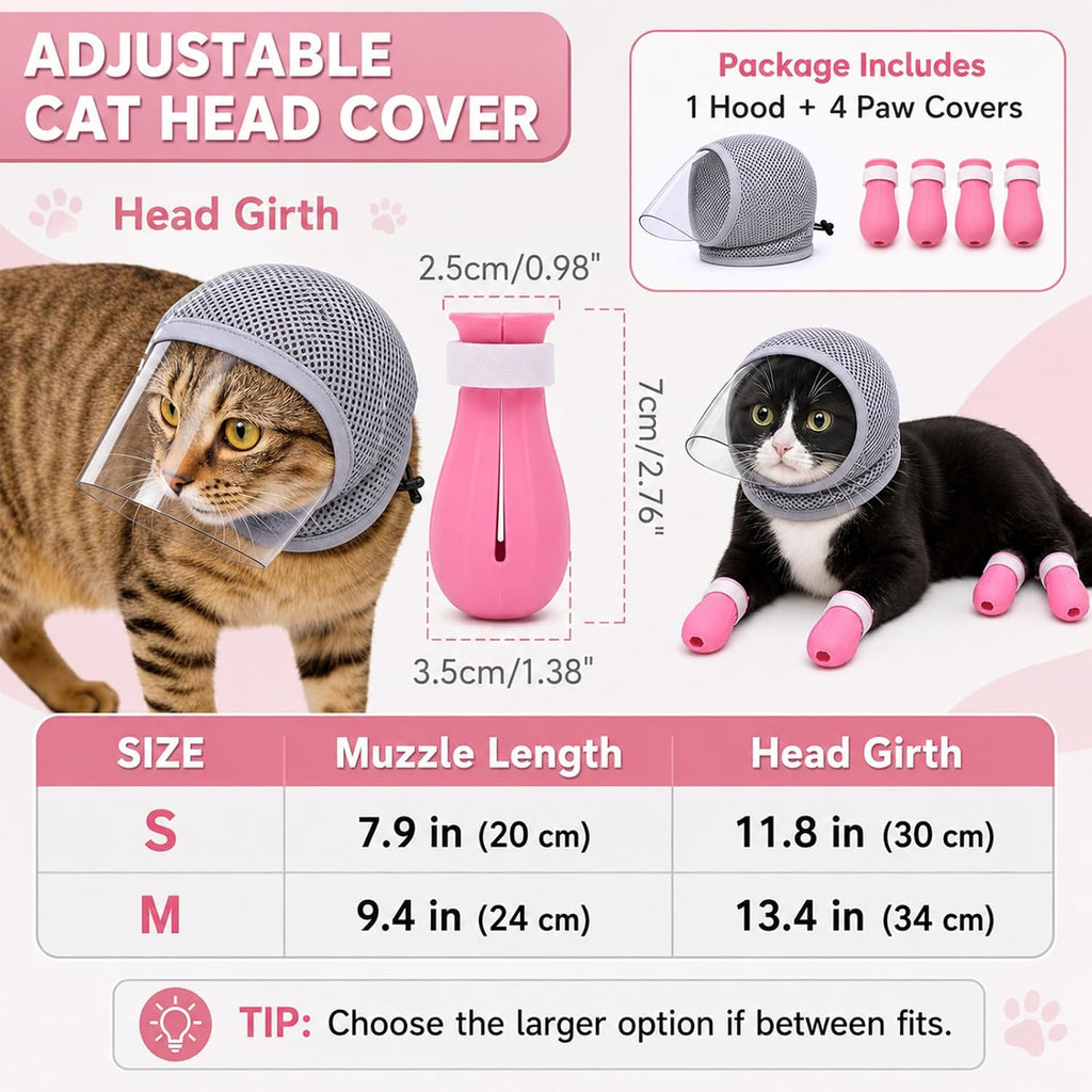 Cat Muzzle for Grooming with 4 Claw Cover, Breathable Cat Helmet for Biting