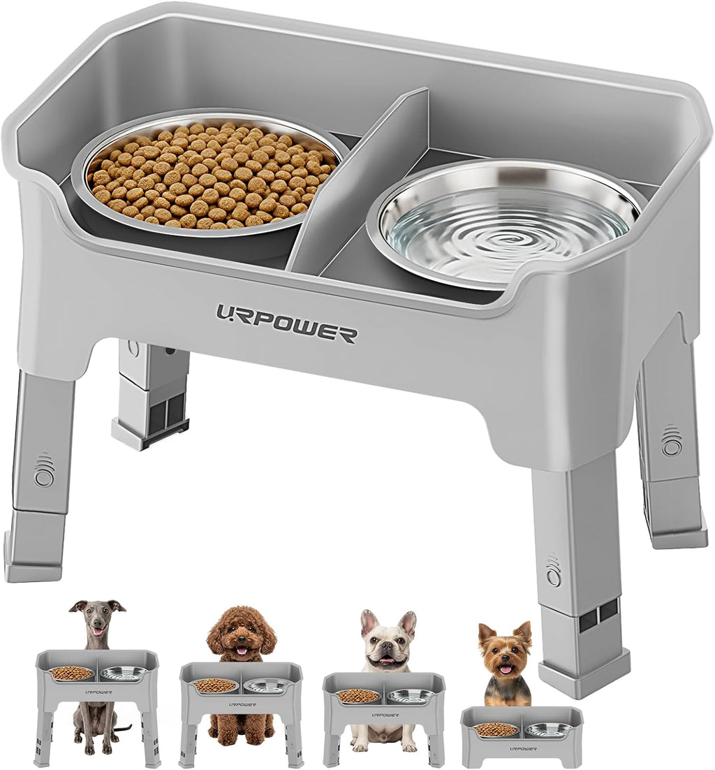 URPOWER Mess Proof Elevated Dog Bowls, Splash Guard Raised Bowl Stand | 4 Adjustable Heights, 2 Stainless Steel Bowls, Food & Water Separation, Non-Slip Base, Foldable Design for Small Dogs 