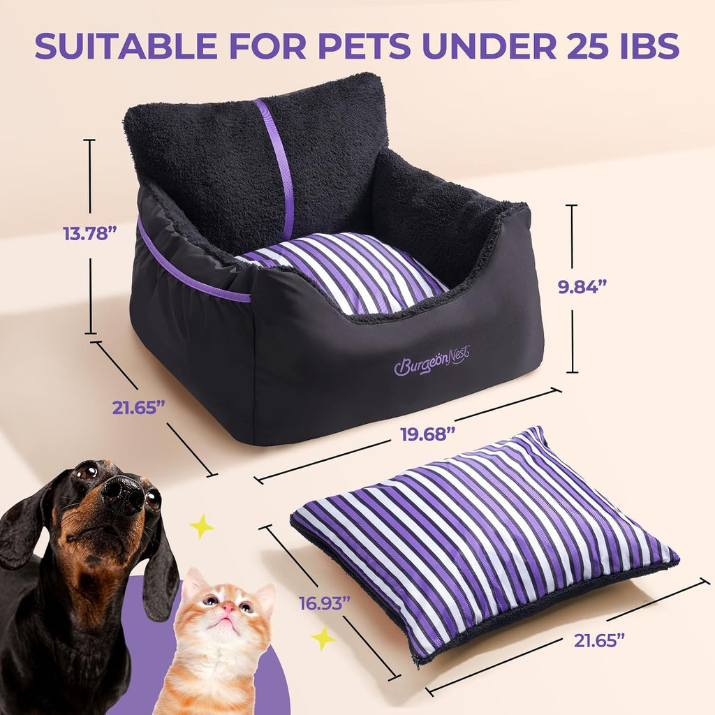 BurgeonNest Dog Car Seat for Small Dogs & Cats Under 25 lbs, Black Purple