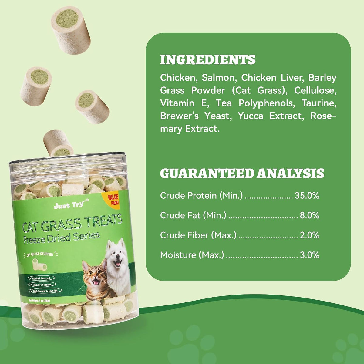 Just Try Freeze Dried Cat Treats Cat Grass Hairball Control for Cats 4 oz
