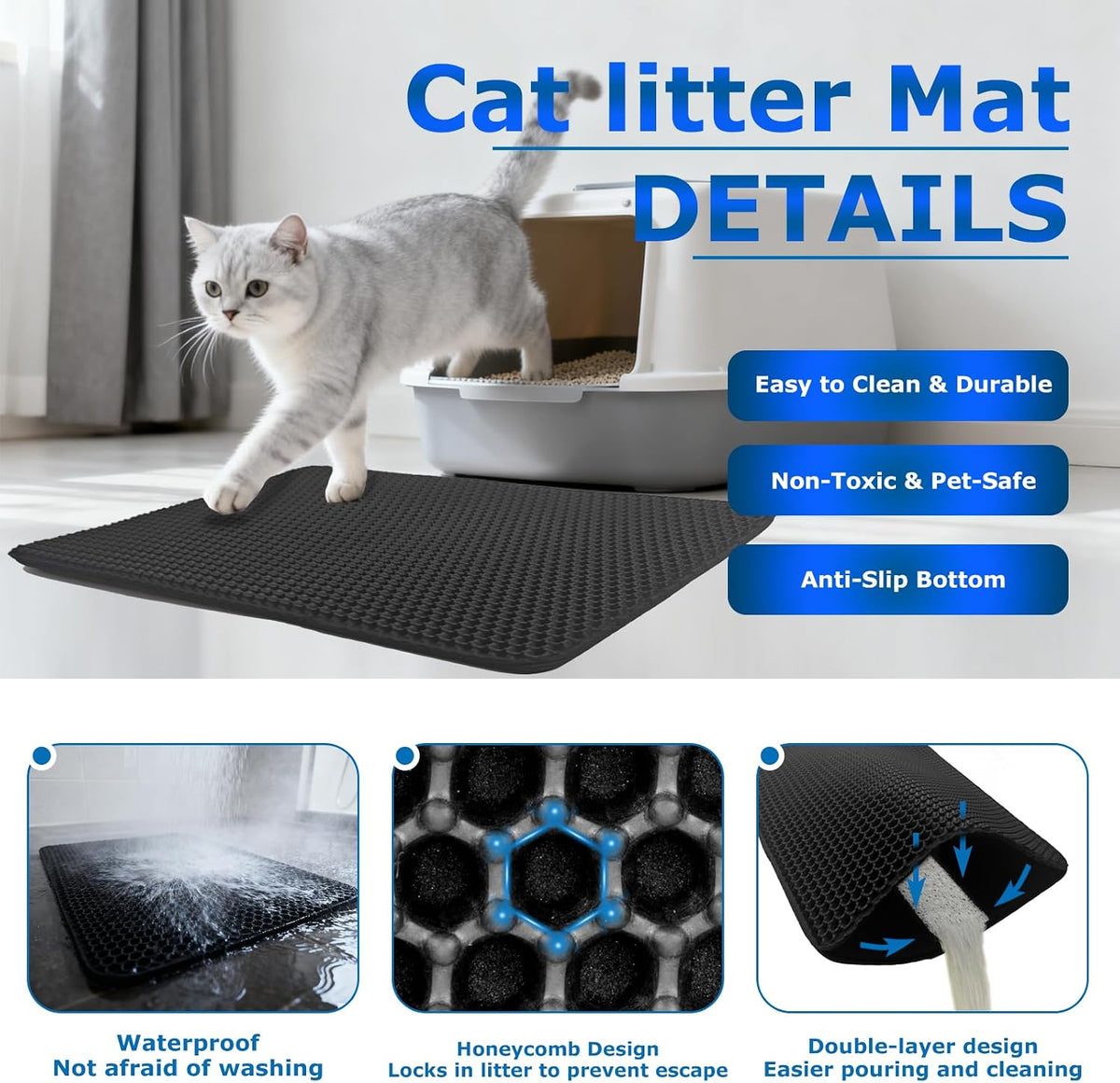 Cat Litter Box Mat,Double-Layer Honeycomb Litter Trap 47"x28" Black | Catches Scattered Particles to Stop Tracking,Waterproof Design Urineproof Base Protects Floors, Easy to Clean, Indoor Cats