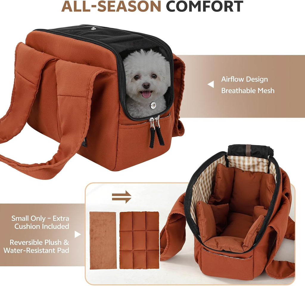 Dog Purse Carrier for Small Dogs and Cats, Soft-Sided Pet Tote Bag with 6 Large Pockets, Collapsible Travel Puppy Carrier with Small Cushion, Fits Pets up to 6 lbs (Caramel, 13.6" L x 6.6" W x 10" H)