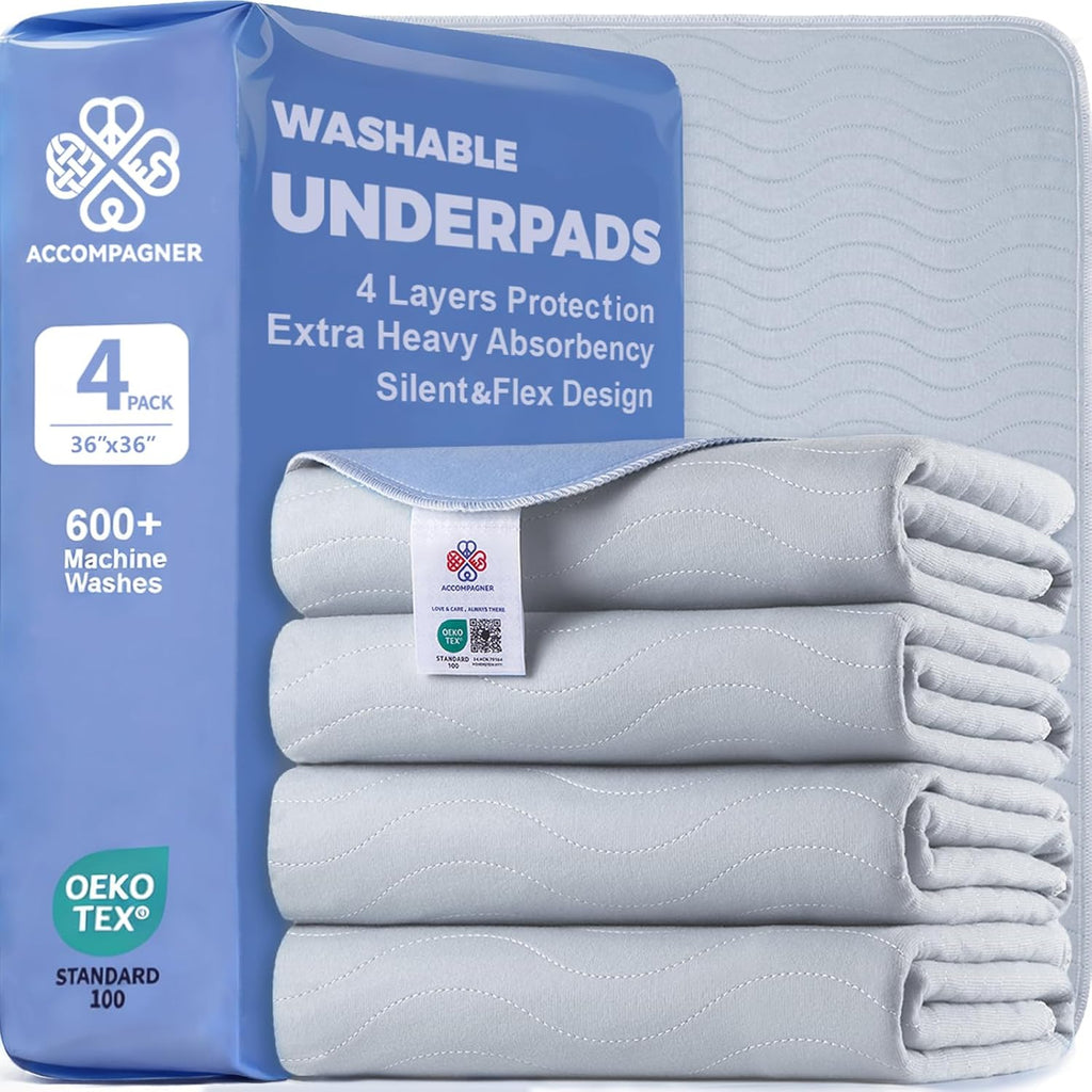 Accompagner Incontinence Bed Pads Washable Waterproof, Ultra-Absorbent Reusable Underpads for Diaper Changing, Nursing, Bedridden, Adults, Seniors, Kids and Dogs (Pearl Gray, 36"x36"(Pack of 4))