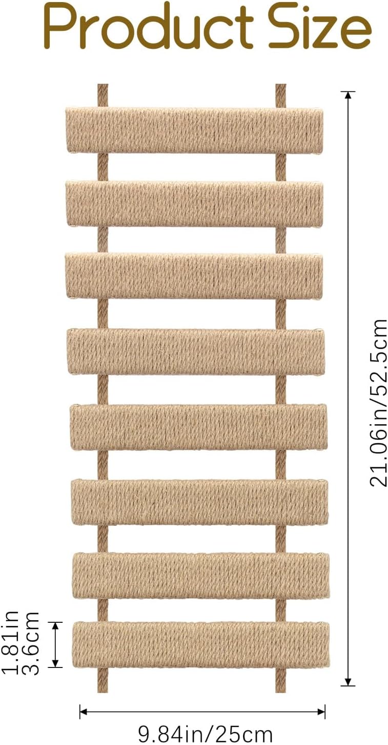 Cat Ladder & Bridge for Indoor Cats - Wooden Cat Wall Furniture with Climbing Rope - Wall Mounted Cat Shelves for Play & Lounging (Wood Tone, A-20in)