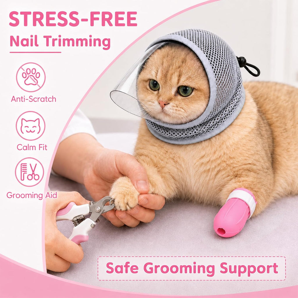 Cat Muzzle for Grooming with 4 Claw Cover, Breathable Cat Helmet for Biting