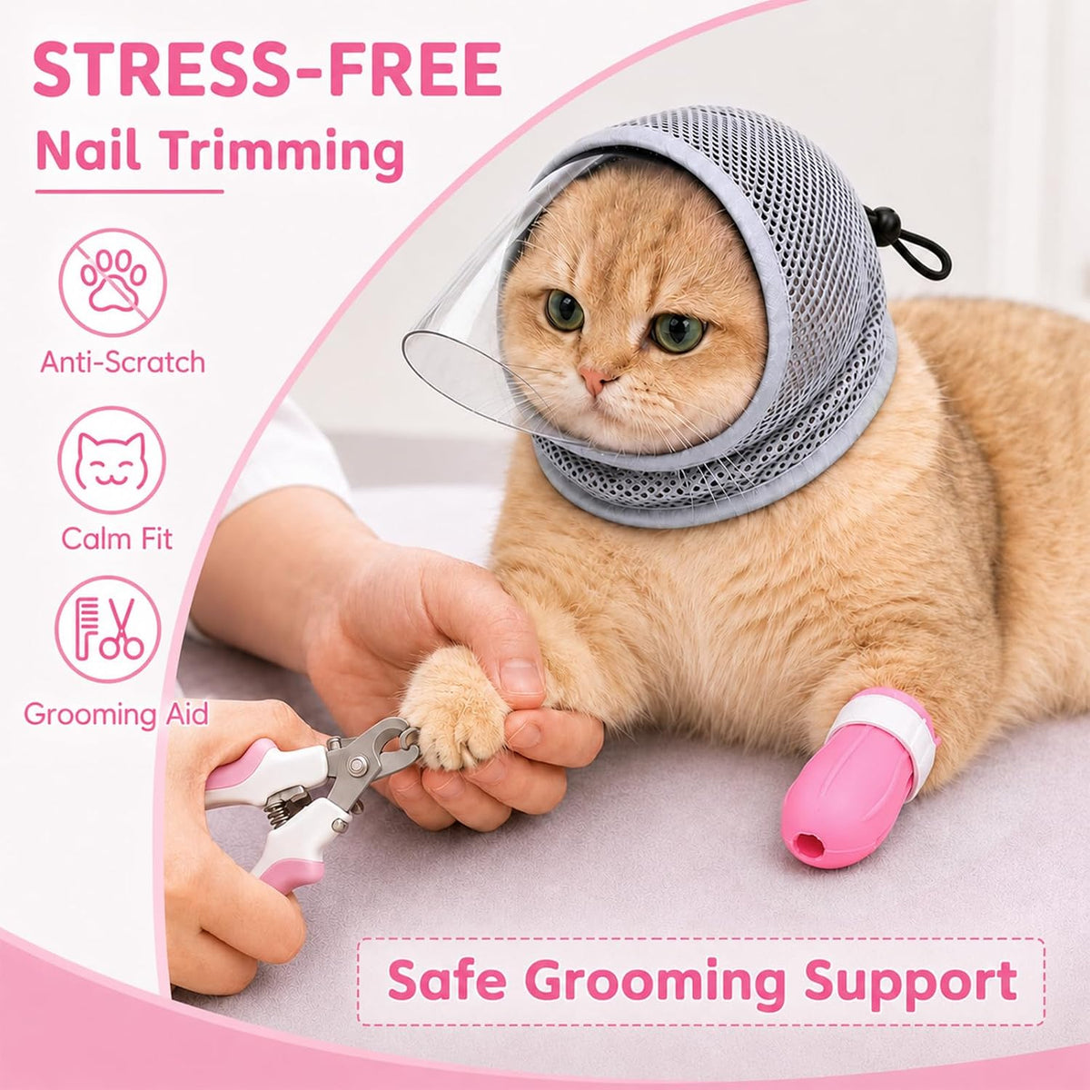 Cat Muzzle for Grooming with 4 Claw Cover, Breathable Cat Helmet for Biting