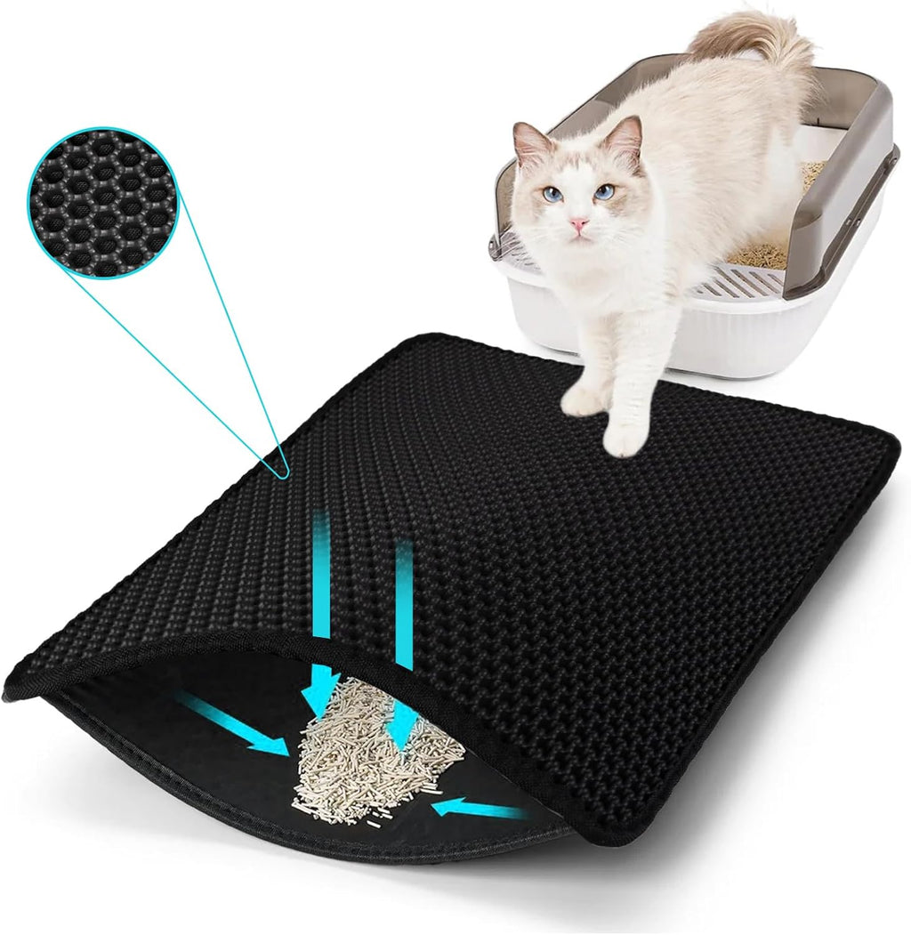 Cat Litter Mat 35"x24", Double Layer Waterproof Litterbox Mat, Black | Non-slip backing, washable for easy cleanup, traps stray litter with waterproof honeycomb large grid that is urine-proof