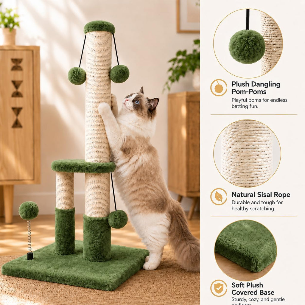 Dimaka Tall Cat Scratching Post, Double Lower Posts Extra Stable Cat Post Tree Scratcher with Sisal Rope and Teasing 4 Balls Total Large Base (Green)