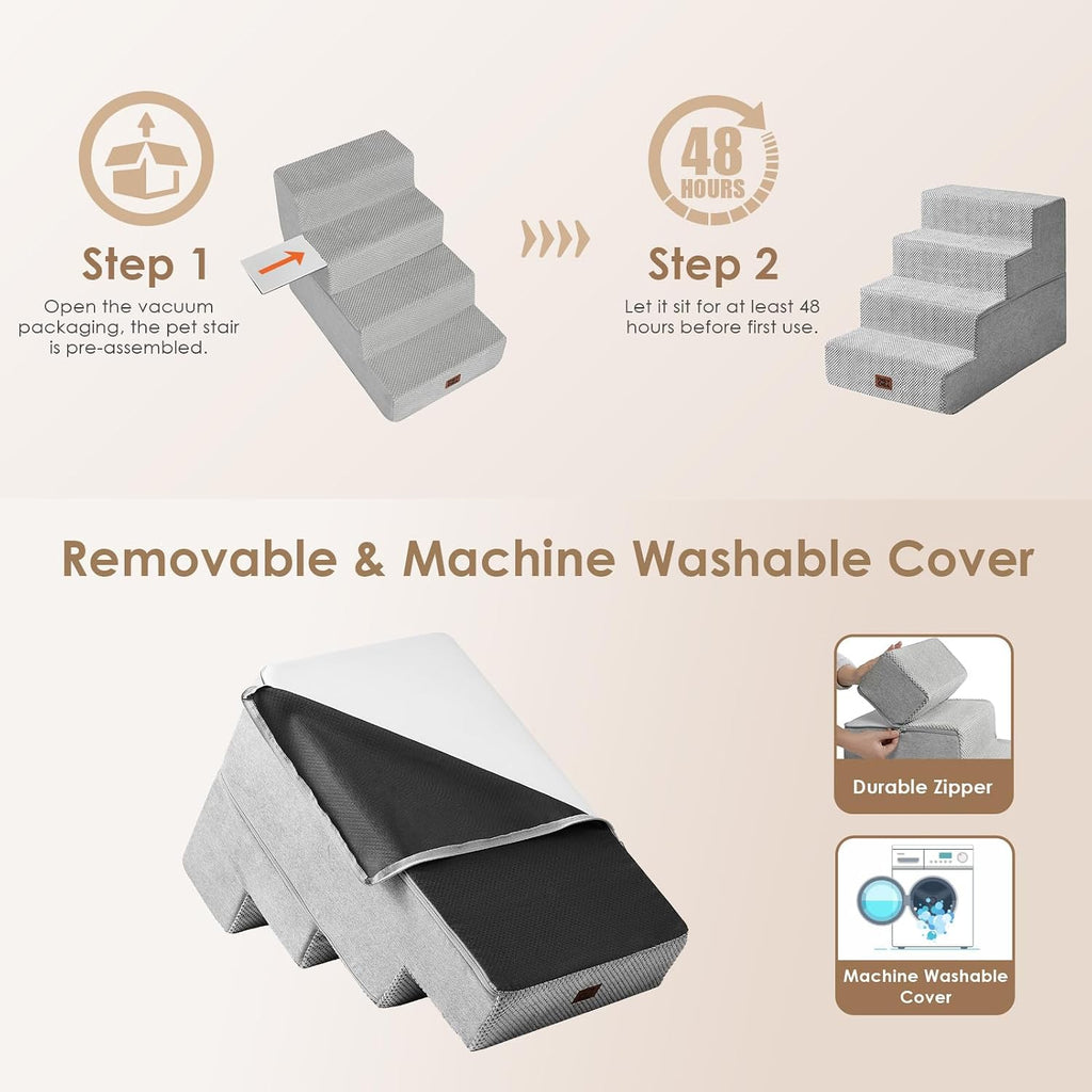 EHEYCIGA Dog Stairs for Bed 18" H, 4-Step Extra Wide Dog Steps, Light Grey