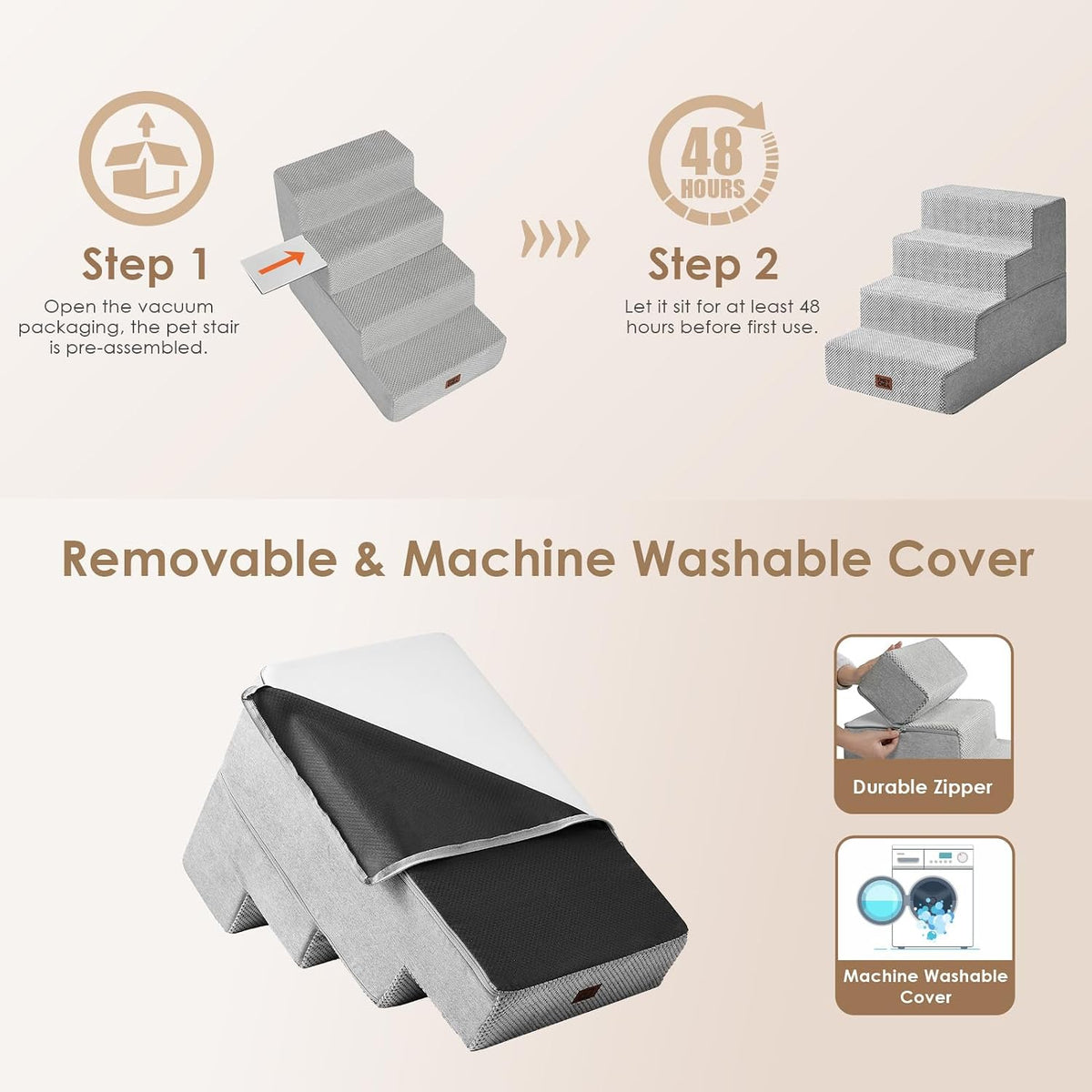 EHEYCIGA Dog Stairs for Bed 18" H, 4-Step Extra Wide Dog Steps, Light Grey
