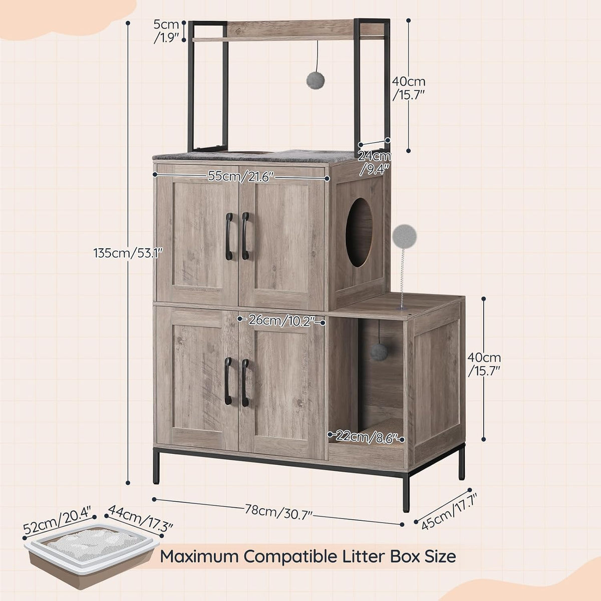 HOOBRO Cat Litter Box Enclosure Furniture, 2 in 1 Hidden Litter Box Furniture with Shelf, Double Litter Box Cabinet with 2 Dangling Plush Balls and 1 Toy Ball, Greige and Black BG78MW01