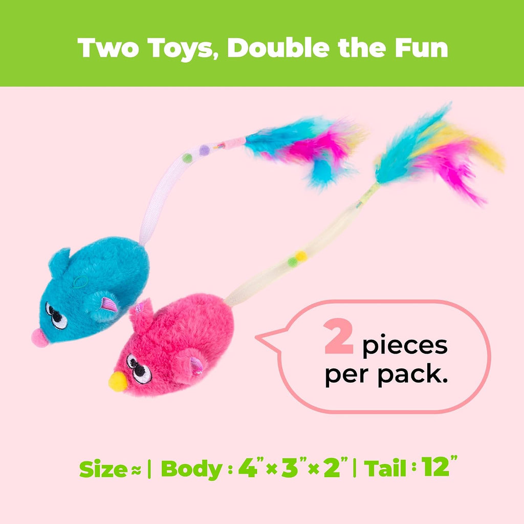 Catify Interactive Cat Toy - Squeaking Mice Set, Blue & Fuchsia