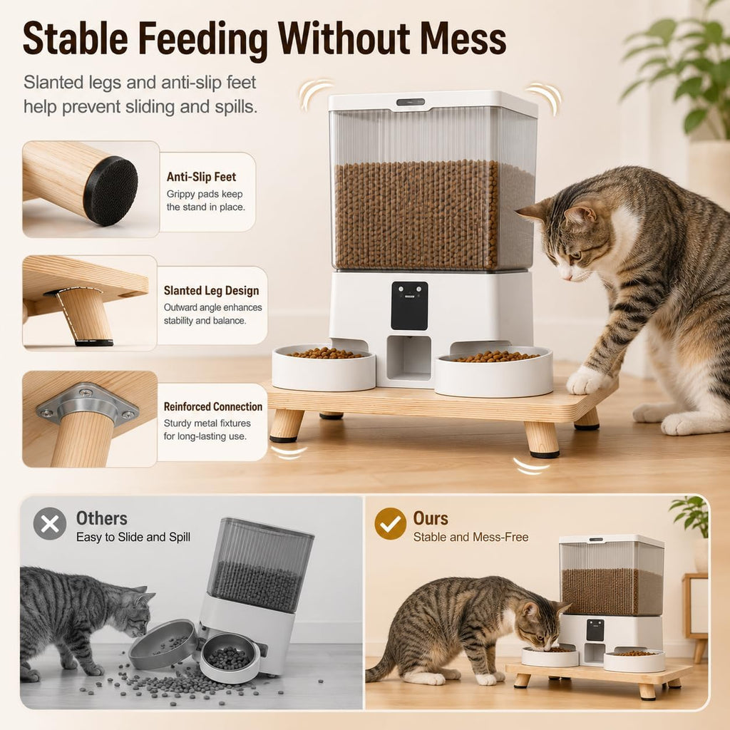 Solid Wood Elevated Cat Feeder Stand, Raised Bowl Holder for Automatic Cat Feeders, Large Double Bowls & Traditional Bowls, Ergonomic Raised Station Relieves Spine and Joint Pressure