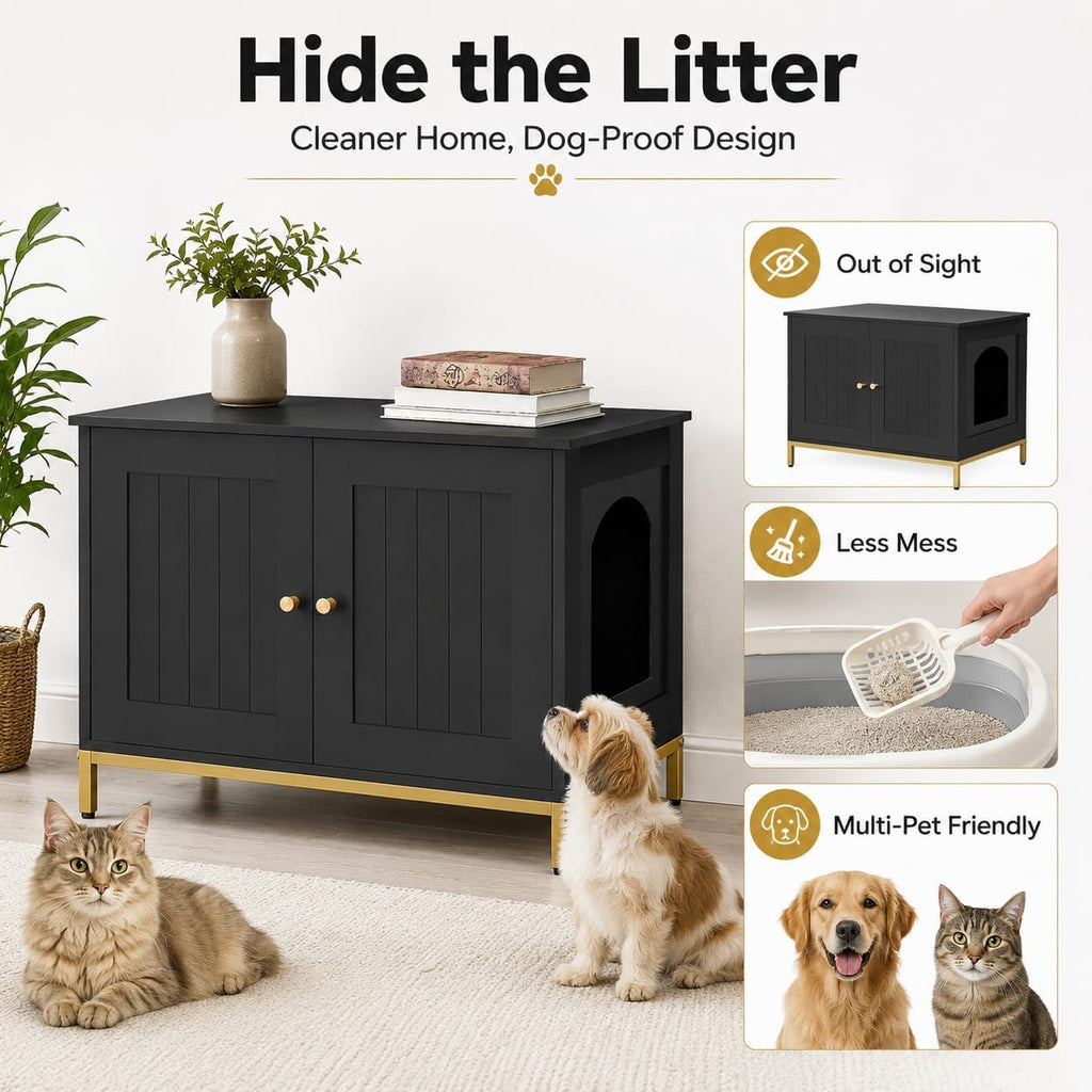 Homhedy 28.3" L Cat Litter Box Enclosure with Metal Frame, Black and Gold