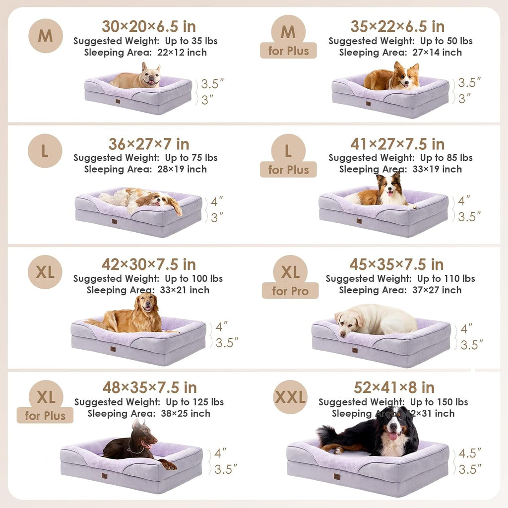 EHEYCIGA Orthopedic Dog Bed for Large Sized Dog, 45x35 Inch Large Memory Foam Dog Couch Bed with Sides, Waterproof Liner & Washable Removable Cover, Bolster Pet Sofa, Purple