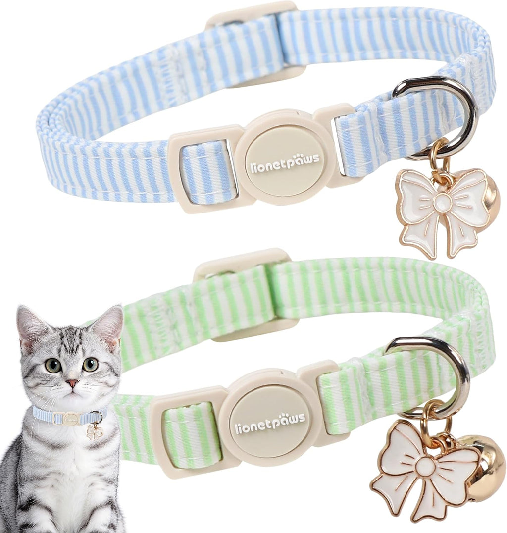lionet paws 2 Pack Cat Collar Breakaway with Bells-Blue & Green Stripe