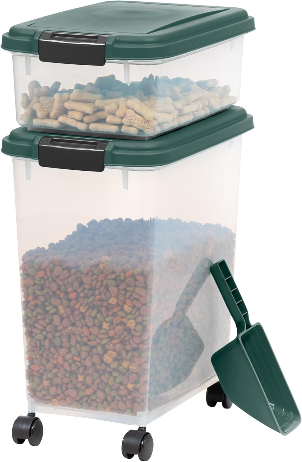 IRIS USA Airtight Pet Food Container, Up to 30 lbs & 11 lbs, Green | Airtight Seal, BPA-Free, 2-Cup Scoop, Stackable Design, Rolling Wheels, Dual Storage 
