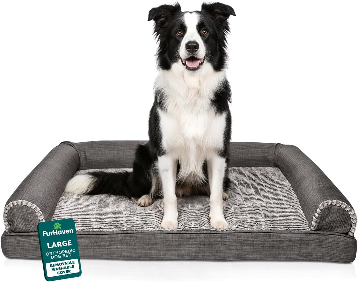 Furhaven Orthopedic Dog Bed for Large/Medium Dogs w/ Removable Bolsters & Washable Cover, For Dogs Up to 55 lbs - Luxe Faux Fur & Performance Linen Sofa - Charcoal, Large